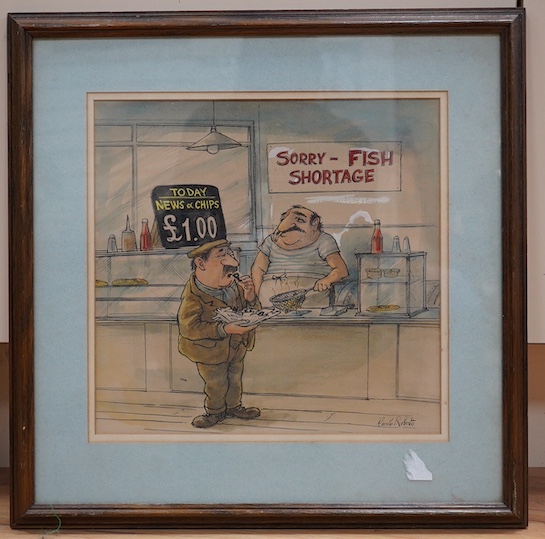 Carlo Roberto, ink and watercolour, Fish and Chip Shop caricature 'Fish Shortage', signed, 28 x 29cm. Condition - fair, some general discolouration